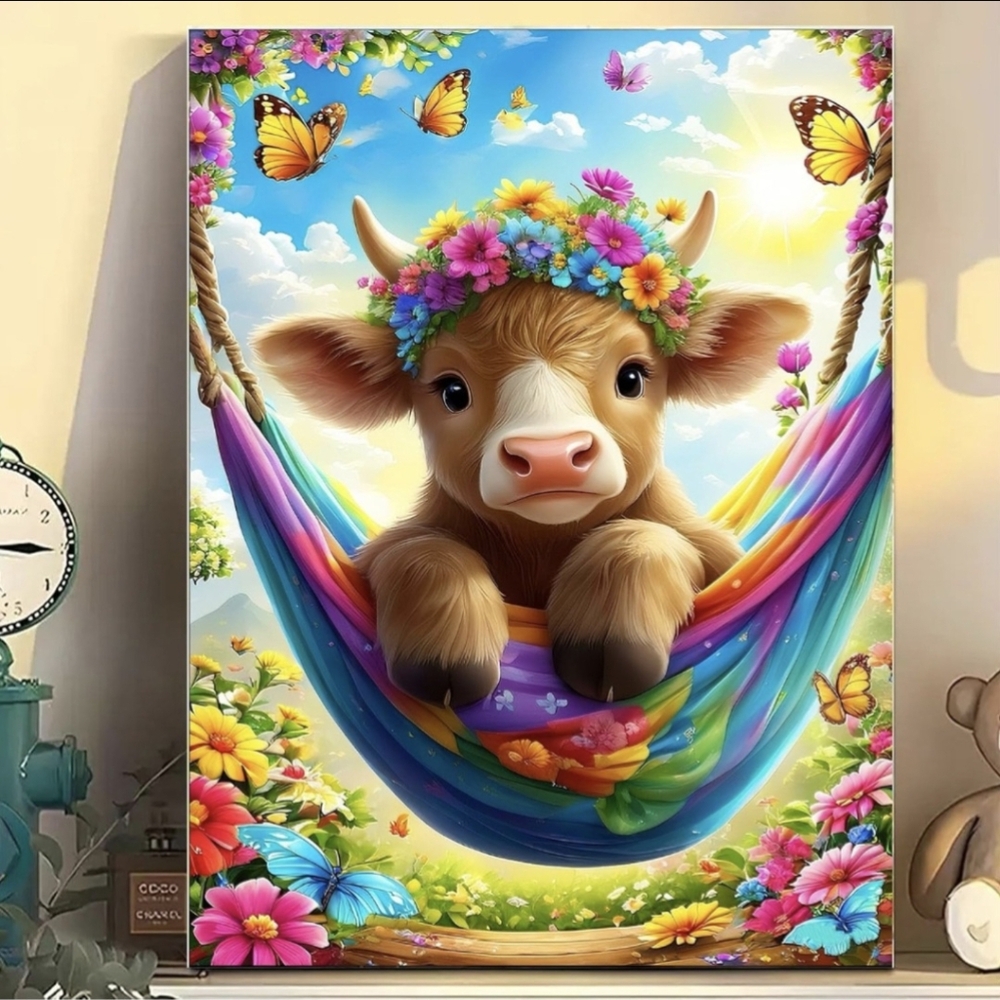 Baby Cow Rainbow Flower Hammock 5D Diamond Painting Kit New - Picture 4 of 7